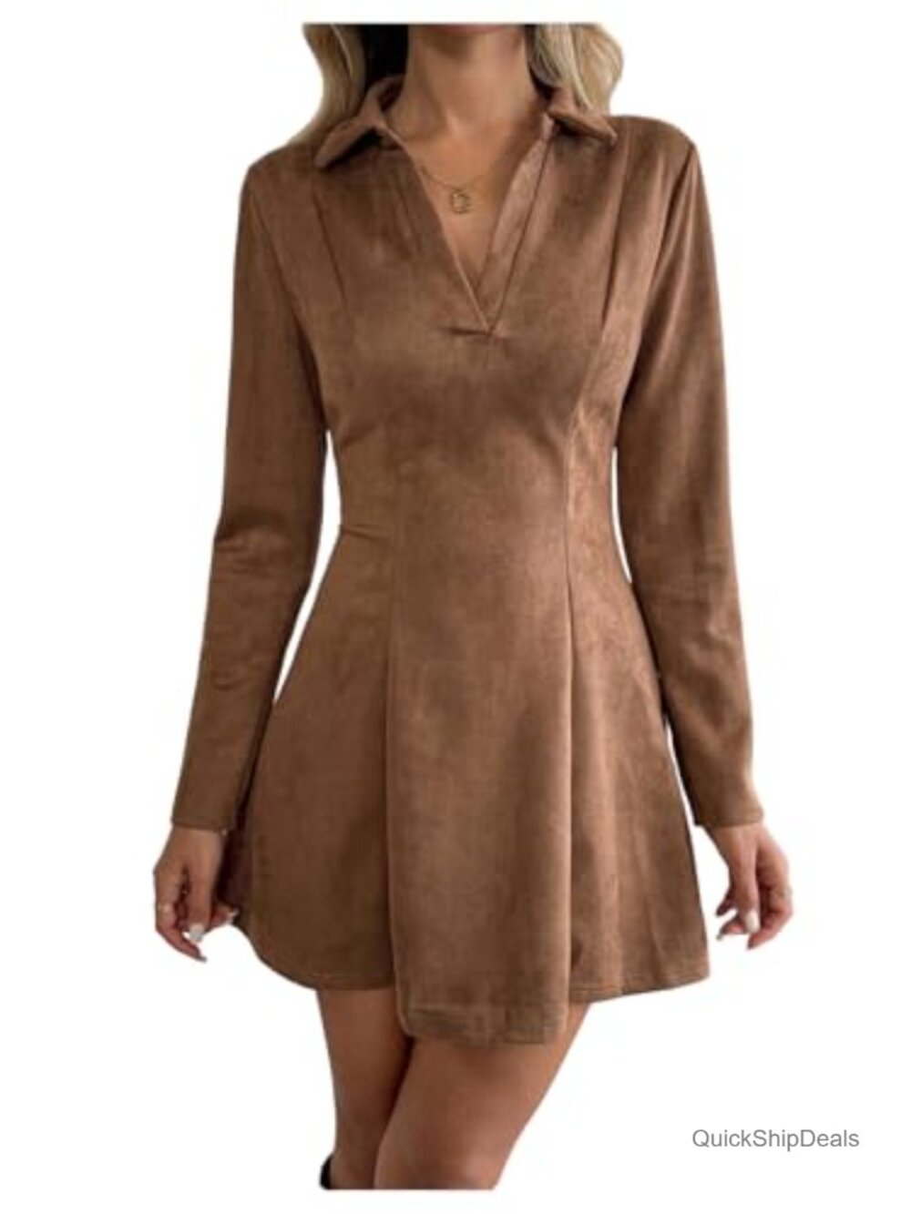 Faux Suede Collared V Neck Long Sleeve A Line Mini Dress
